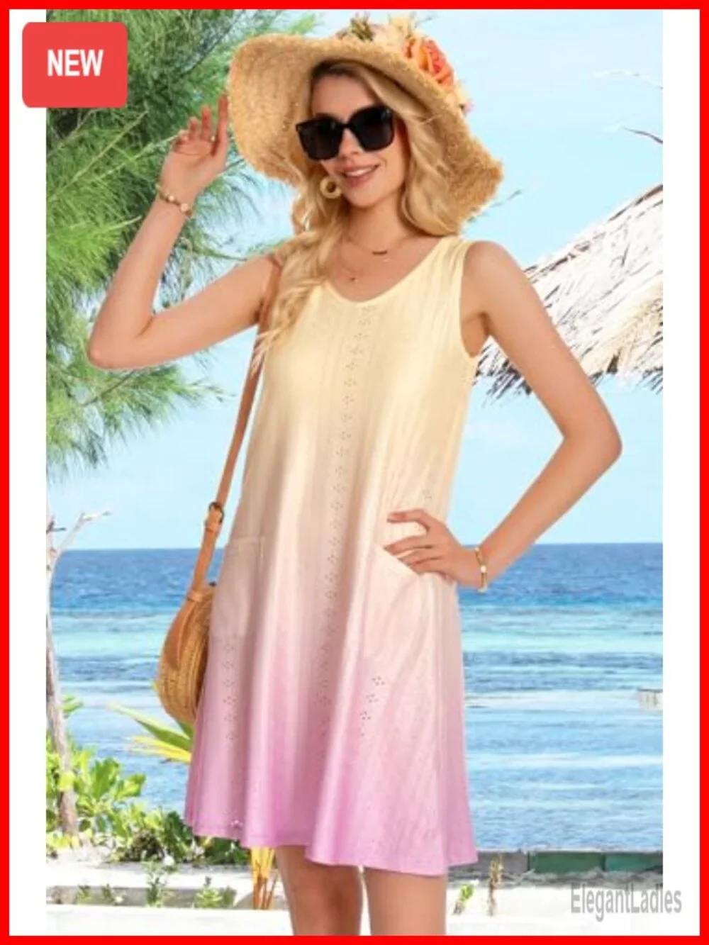 Eyelet Swim Coverup Sundress with Pockets Loose Fit V-Neck